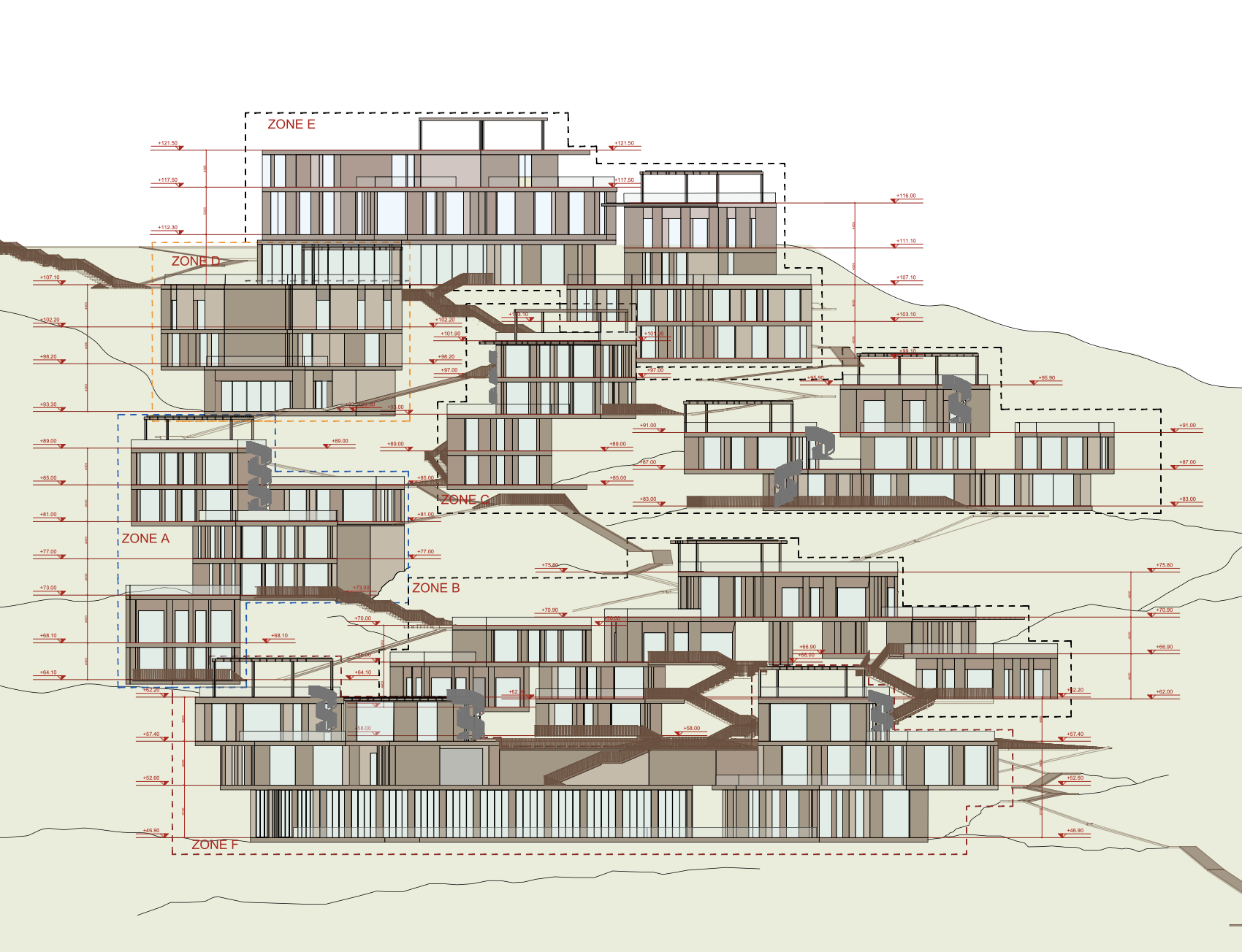 West Hill — Section elevation showing all zones
